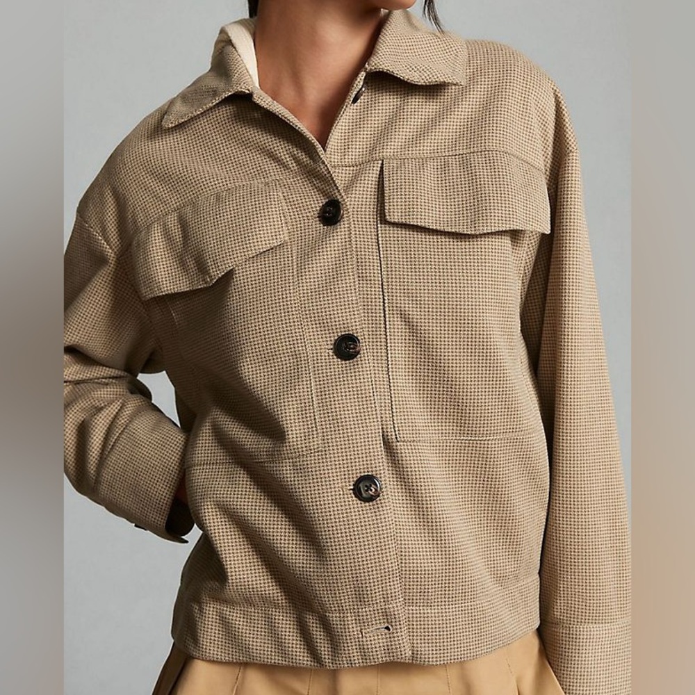 Maeve Tan Olive Houndstooth Trucker Jacket Blazer w Front Flap Pockets